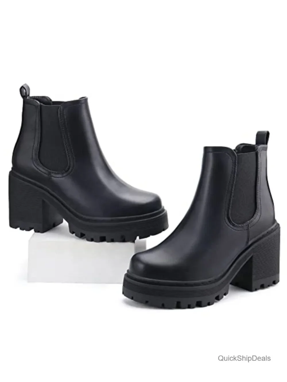 Women's Chelsea Ankle Boots Platform chunky block heel pull-on rubber sole
